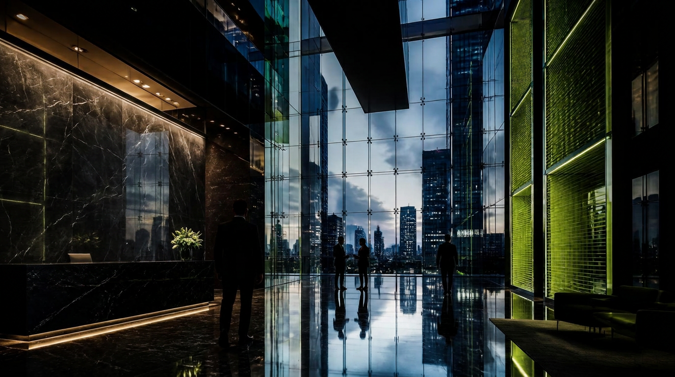 Corporate consulting headquarters at dusk