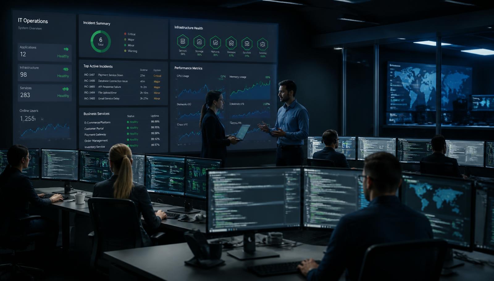 Enterprise IT operations centre with service dashboards